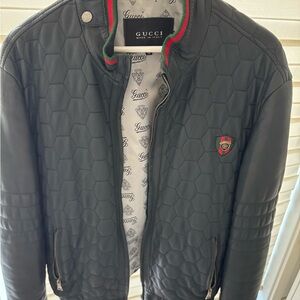 Gucci Men's Dark Blue Hexagon Quilted Bomber Jacket